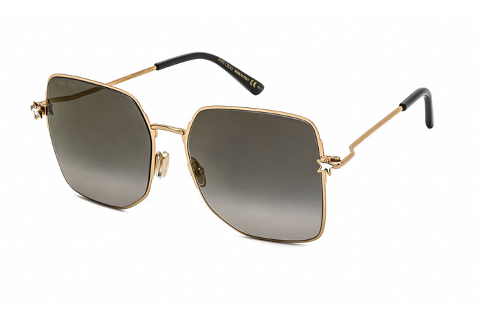 This product is the Jimmy Choo Trisha/G/SK sunglasses.  This product has 
Eye:  58mm
Bridge:  17mm
Temple:  150mm
Frame Shape:  Square
*Product comes with a corresponding brand hard case and cleaning cloth.
This product's color desscription is Gold / Grey (0J5G FQ)