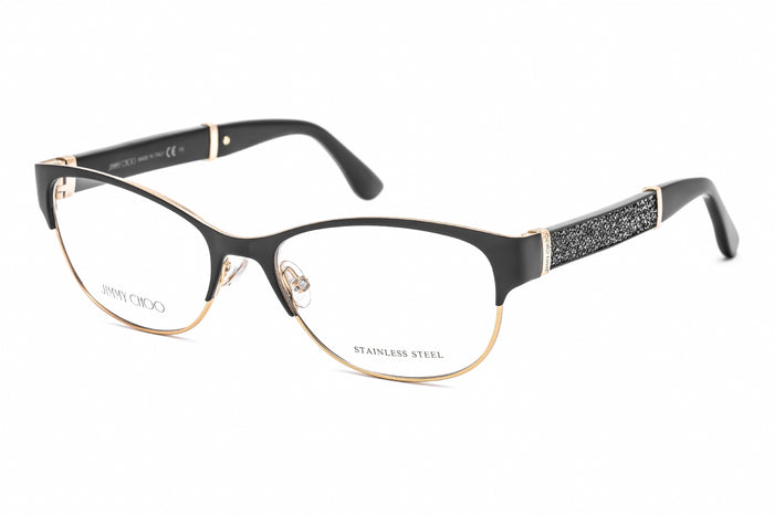 This product is the Jimmy Choo JC 180 eyeglasses.  This product has 
Eye:  53mm
Bridge:  16mm
Temple:  140mm
Frame Shape:  Oval
*Product comes with a corresponding brand hard case and cleaning cloth.
This product's color desscription is Black Glitter / Clear Lens (017J 00)